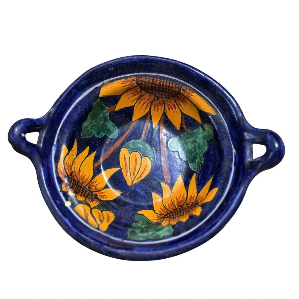 Moctezuma Mexican Folk Art Pottery Sunflower Calla Lily Bowl and Lidded Dish Set